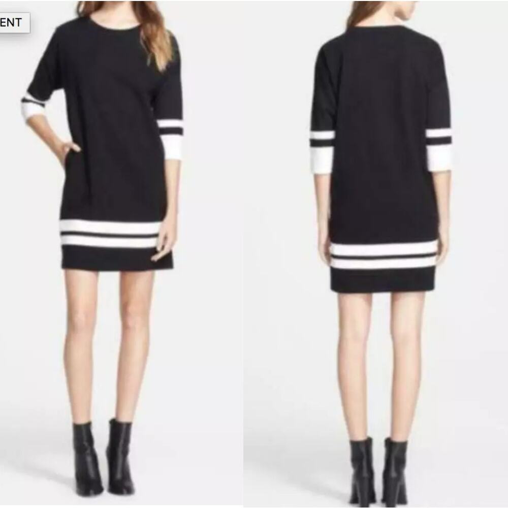 Vince. Black White Striped Trim Cotton 3/4 Sleeve Mini Shift Dress Women's XS